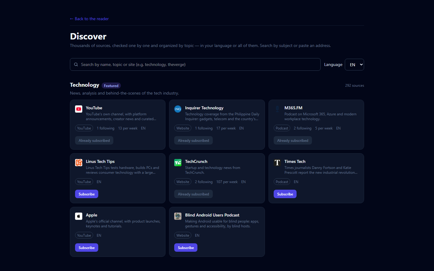 The Discover screen: topic cards such as Technology, Science and Books, each with a sample of sources and the number of sources available, and a language selector at the top.