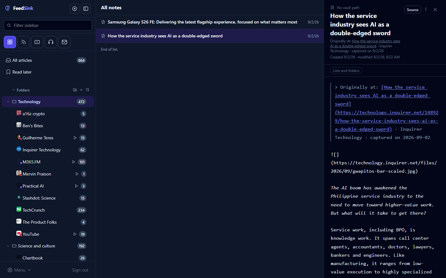 The FeedSink notes editor with a note created from an article: the title, the source link and the formatted text.