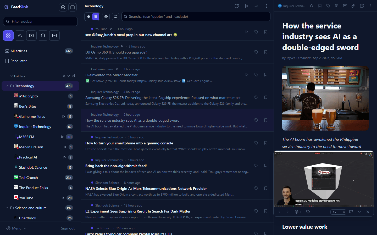 The reader with a video playing in a floating frame in the bottom-right corner, over the article list that stays visible behind it.