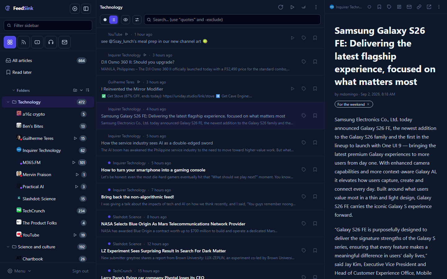 The FeedSink reader in the dark theme: on the left, the sidebar with the collections “Technology” and “Science and culture”; in the middle, the list of articles from several sources with title, source and time; on the right, an open article with its full text.