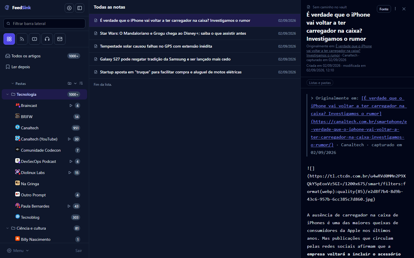 O editor de notas do FeedSink com uma nota criada a partir de um artigo: título, o link de origem e o texto formatado.