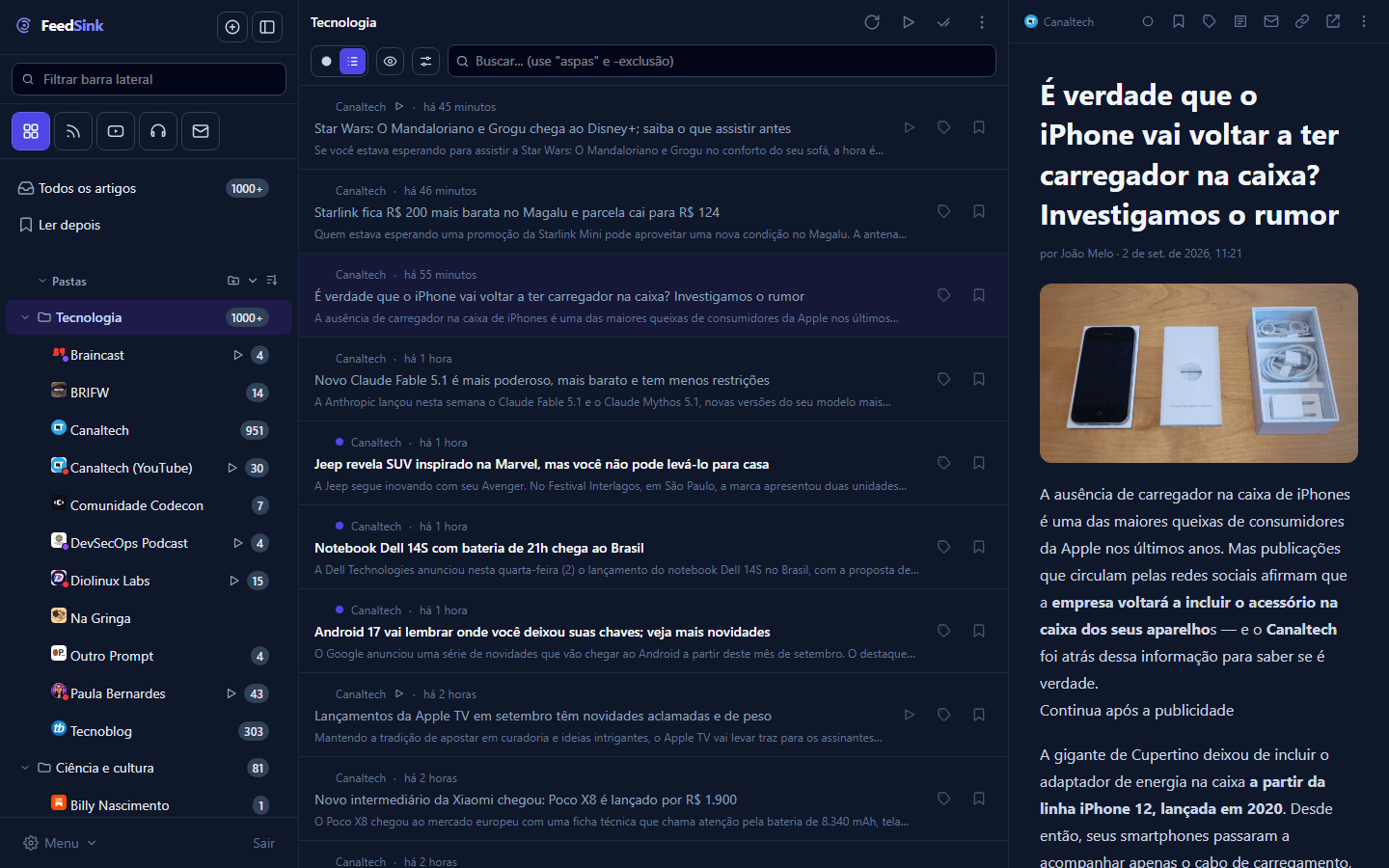 Um artigo aberto no leitor com o texto completo trazido da página original: foto, parágrafos inteiros e destaques em negrito, no lugar do resumo curto que o feed mandou. No fim do texto fica o seletor das versões guardadas.